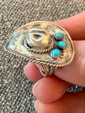 Bobby Platero Navajo Sterling and Kingman Turquoise Cowboy Hat Ring, Sz 5